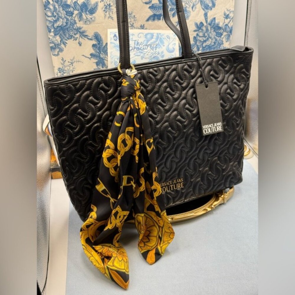 🆕 VERSACE JEANS COUTURE 🧿 NWT Black Thelma Tote Shopper + Scarf - Picture 2 of 16